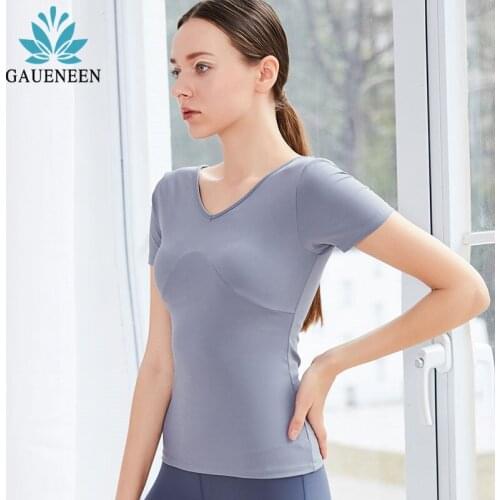 GAUENEEN Women V Neck Sport T-shirt Quick Dry Removable Padded Yoga Top Workout Gym Short Sleeve T-shirts Crop Top Sports Wear