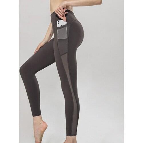 Mesh Stitching Womens High Elastic Buttocks Sports Tight High Waist Pocket Yoga Fitness Pants