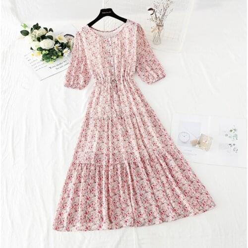Women Dress 2021 Summer Round neck Floral Print Chiffon Dress Boho Style Party Beach Single-breasted Dresses Vestidos de fiesta