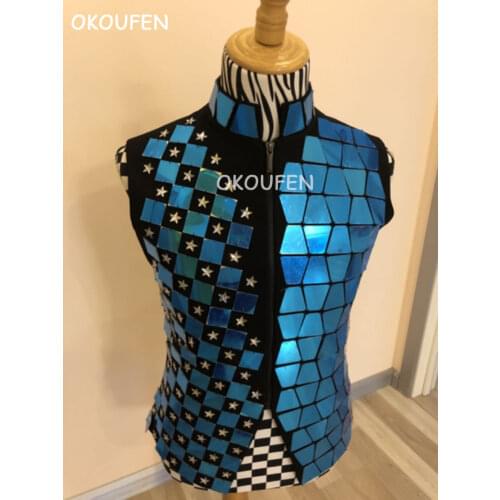 New Fashion Handmade Mens Blue Mirror lens Vest Stars printed Slim jacket Nightclub Male DJ singer Stage Show performance coat