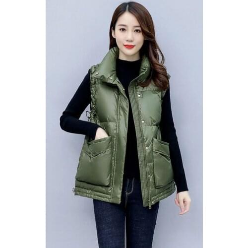 2021 Women Winter Elegant Down Cotton Warm Vest Ladies Casual Slim Stand Collar Waistcoat Female Solid Sleeveless Long Vest M27