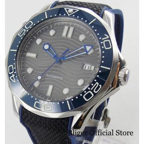 BLIGER Sport Style Automatic Mens Wristwatch Self Winding Movement Nologo Watch Face With Wave Pattern 41mm Time Watch