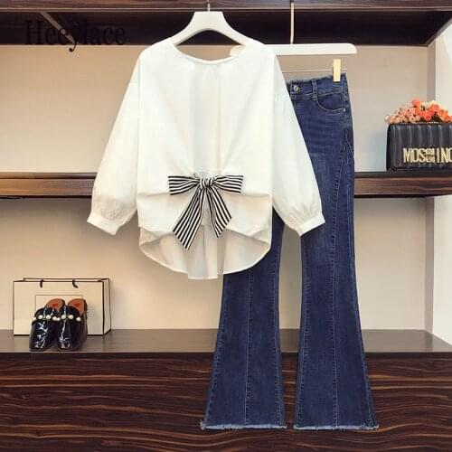Plus Size Office Ladies Elegant Two Pieces Set For Women Long Sleeve Bow Pullover White Top And Denim Long Pants Sets Female Set