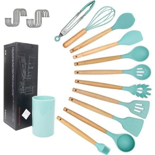 Wood handle silicon kitchen utensils 11 sets of non-stick pot silicon cooking spoon shovel