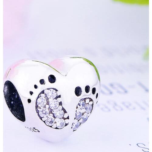 925 Sterling Silver Love Heart Shape Baby Girl Foot Print Bead Fit Original Pan Charm Bracelet Making Handmade Kids Berloque
