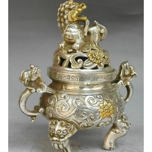 Chinese Silver Gilt Xuande Dynasty Lion Fu Foo Dog Beast Incense Burner Censer