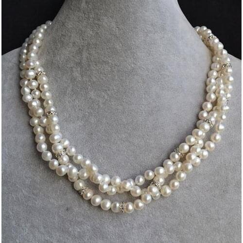 Favorite Pearl Necklace White Color Triple Strand 6-7mm Round Handmade Fine Jewelry Real Freshwater Pearl Nice Women Gift