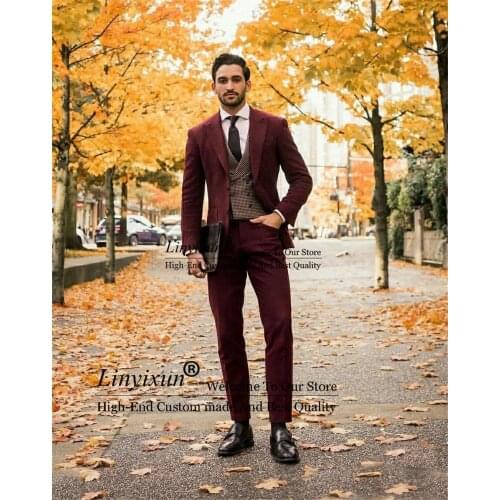 Elegant Wine Red Suits Mens Plaid vest Luxury Suits For Mens Groom Wedding Suits Gentlemen Dress 3 pcs Burgundy Costume Homme