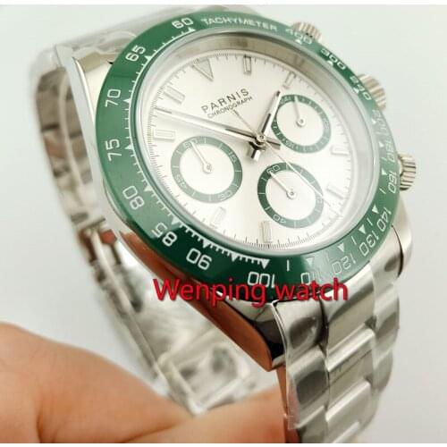 39mm Parnis Quartz Movement Sapphire Glass Mens Watch Chronograph Marker Green Ceramic bezel W2892