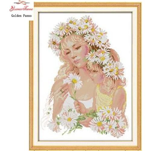 Golden Panno,Needlework,DIY DMC Cross stitch,Sets For Embroidery kit Flowers mother and daughter home decoration Counted Cross24