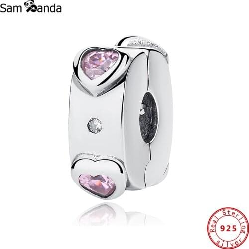 New 2020 Original 100% 925 Sterling Silver Charm Bead Arcs of Love Clip Charms Pink CZ Heart Fit Bracelets Diy Women Jewelry