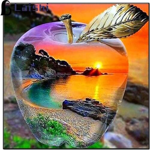 Full Square Round Diamond Painting With Diamonds Crystal Apple Scenic Beach Inside Of Apple Embroidery Creative arts Home Decor