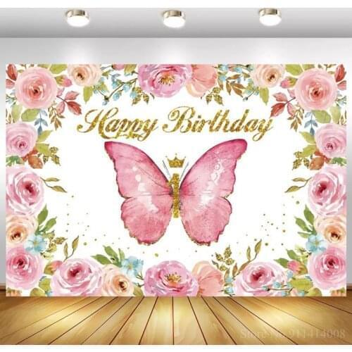 Pink Purple Butterfly Baby Shower Birthday Background for Photo Spring Floral Butterfly Photo Backgrounds 1st Birthday Butterfly