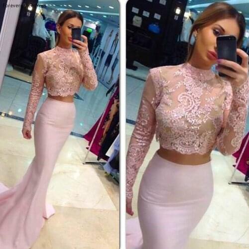 Pink Two Pieces Prom Dress Mermaid High Neck Long Sleeves Party Gown