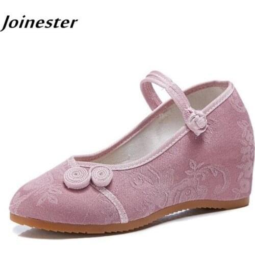 Women Wedge Sandals Mary Jane Jacquard Cotton Fabric Shoes Ladies Vintage Button Pumps Woman Comfy Round Toe Summer Espadrilles