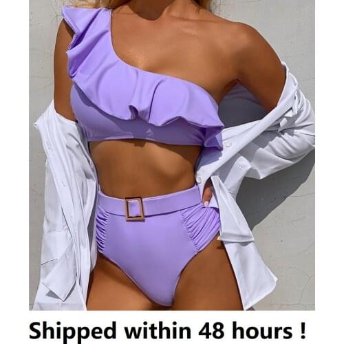 Sexy Bikinis Women 2021 One Shoulder Swimwear High Waist Swimsuit Purple Bandage Bathing Suits Ruffle Beach Wear Biquini Female