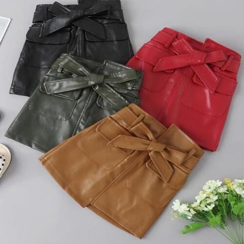 Baby Girl PU Skirts With Belt Autumn Winter Girls Kids lace up princess Leather Skirt Children a-line