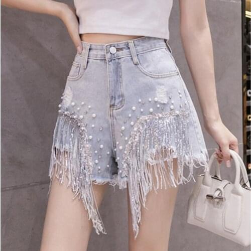 Women Fashion Sequins Beaded High Waist Denim Shorts Students Large Size Tassel Jeans Shorts Wide Leg Hot Pants Female 2XL