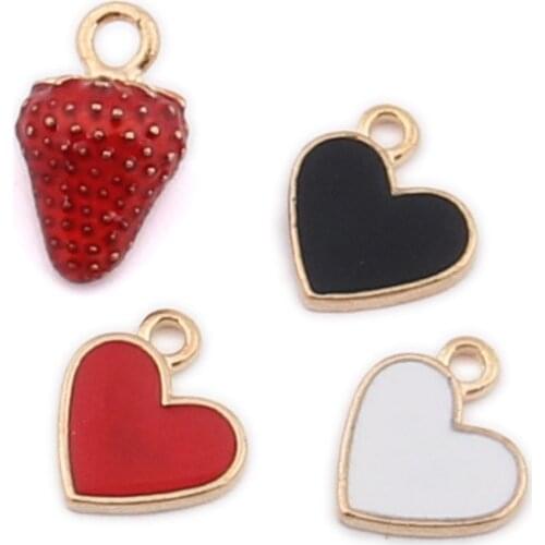 10pcs Diy alloy Enamel heart strawberry charms heart-shaped metal dangle fruit jewelry making Earrings fittings small pendant