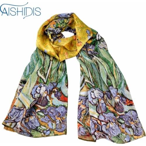 100% Silk Oblong Women Scarf Wrap Shawl Van Goghs Famous Oil Painting Art Works "Irises" 1890 Hand Rolled Hems For Mothers Day