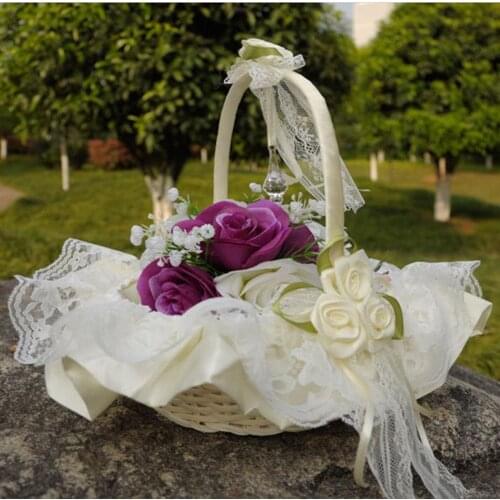 HONGFUYU Wedding Handmade Bamboo Flower Girl Basket Ceremony Wedding Love Lace Trim Satin Bowknot Satin Flower Basket Decoration