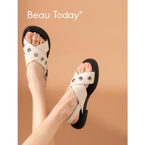 BeauToday Gladiator Sandals Women Calfskin Leather Cross Band Round Toe Summer Flats Metal Eyelets Slingback Female Shoes 32350