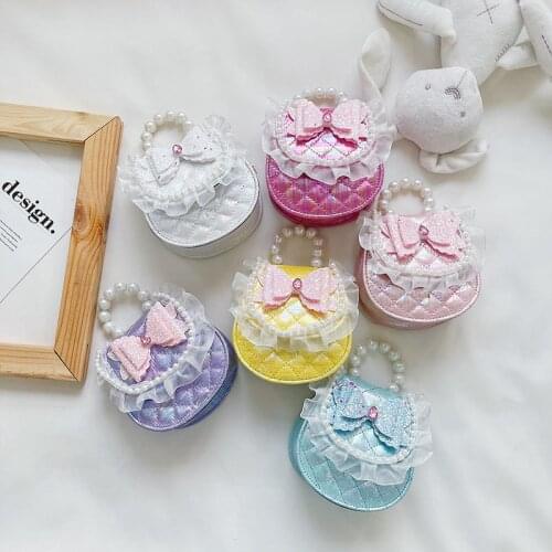 Lovely Childrens Small Shoulder Bags Fashion Princess Bowknot Coin Purse Handbags Baby Girls Pearl Chain Mini Messenger Bag