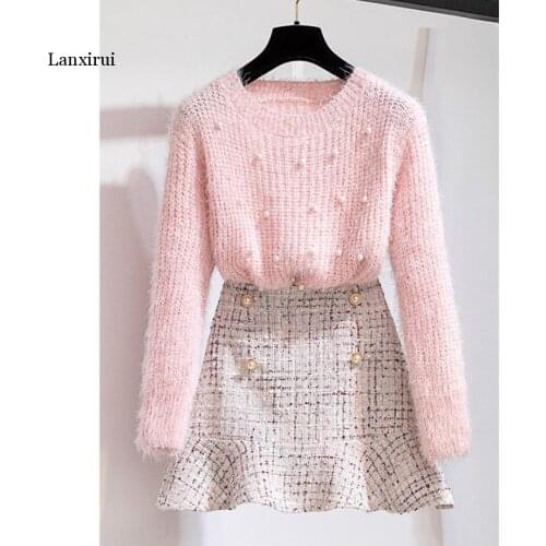 Autumn Spring New Fashion Two Piece Set Women Beaded Pullover Sweater and Plaid Tweed Mermaid Skirt Set Soft Mohair Knitted Set