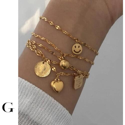 GHIDBK Dainty Queen Portrait Coin Pendant Bracelets Statement Stainless Steel Ball Heart Charm Bangles Smile Face Square Bangle