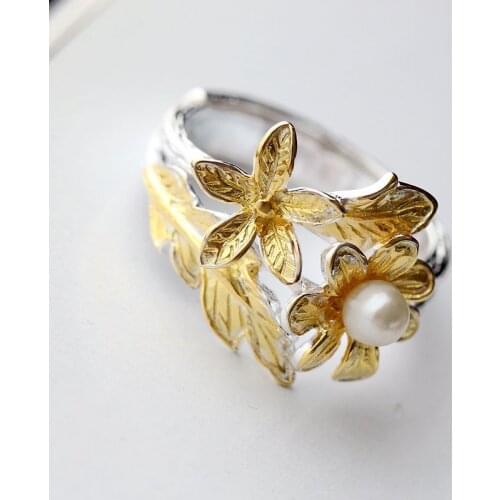 Vintage Thai Silver Wholesale Inlaid Natural Pearl Silver Plated Open Ended Ring S925 Sterling Silver Petal Index Finger Ring
