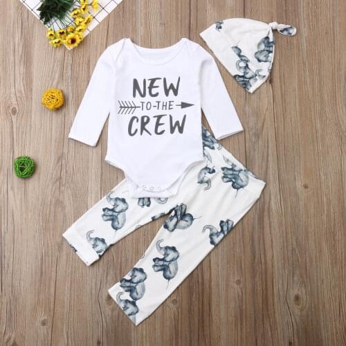 3pcs Newborn Baby Girl Boy Tops Romper Elephant Pants Hat Outfits Clothes Tracksuit 2019 Elephants print Boys Outfits