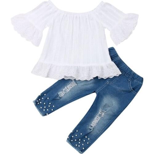 2PCS Toddler Kids Baby Girls Clothes Set Summer Short sleeve White Tops T-shirt Denim + Long Pants Jeans Outfits Set