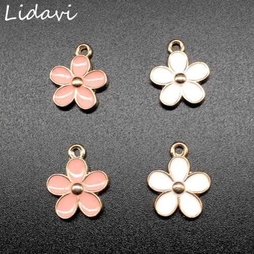 Lidavi 20 pcs Lots Enamel Alloy Flower Pendants Charms For Bracelet Necklace Fashion DIY Handmade Jewelry Pink White Wholesale