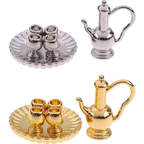 6pcs/set 1:12 Dollhouse Miniature Accessories Mini Flagon Wine Pot Cup Tray Simulation Furniture Model Toys For Doll House Decor