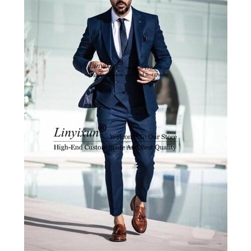 Costume Homme Italian Business Slim Fit 3 Pieces Royal Blue Mens Suits Groom Prom Tuxedos Groomsmen Blazer For Wedding
