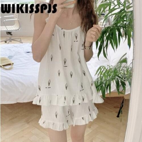 2021 Summer New Cute Suspender Pajamas Printed Ruffle Housewear Two Piece Set Summer Sleepwear Lounge Wear Kawaii Pajama