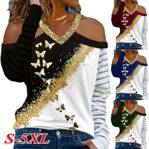 2021 Autumn New Women V Neck Off Shoulder Butterfly Print Long Sleeve Shirt Casual Loose Fashion Plus Size Sexy Pullover T Shirt