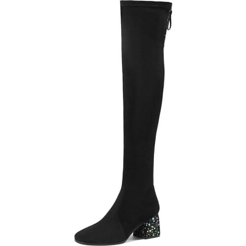 Autumn Winter Over-the-Knee Boots Elegant High Heels Stretch Boots Shoes Footwear Round Toe Women Fashion Footwear Black A102