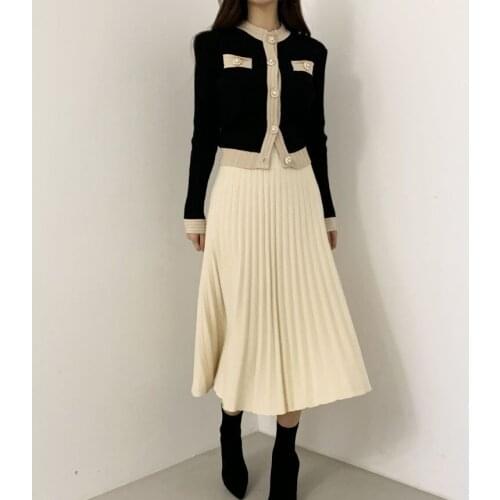Autumn winter elegant cardigan sweater two-piece womens autumn clothes over the knee long pleated skirt suit year-old female co