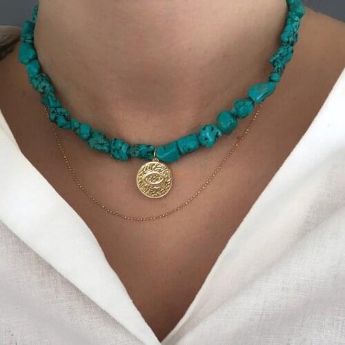 Boho Bule Natural Stone Necklaces Stainless Steel Pendants Women Necklace fashion choker necklace Party Jewelry gift