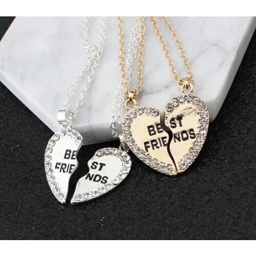 Broken Heart Shape Rhinestone Best Friend Pendant Necklace 2 PCS Lot Inlaid CZ Birthday Party Gifts Women Fashion Jewely PN 07