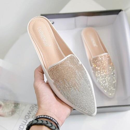 Baotou Slippers Womens Summer Fashion Water Drill Sequin Pointed Muller Shoes Lacquered Flat-bottomed Womens Sandal Slippers