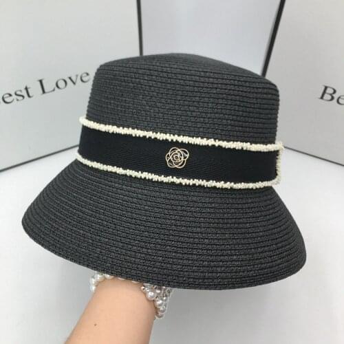 Perfume pearl hat flat basin straw bucket hat female wide-brim beach sunscreen in summer