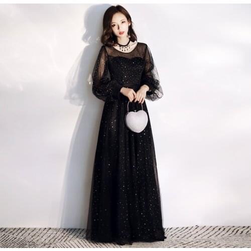 A-line Floor-length Formal Evening Dress Elegant Scoop Dress Long Sleeves Party Dresses Vestidos 2020 New