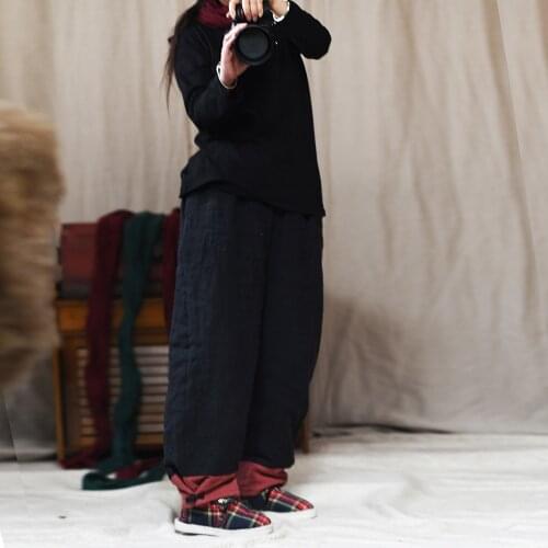 Women Contrast Color Linen Pants Ladies Padded Elastic Waist Trousers Female Loose Retro Vintage Pants 2019