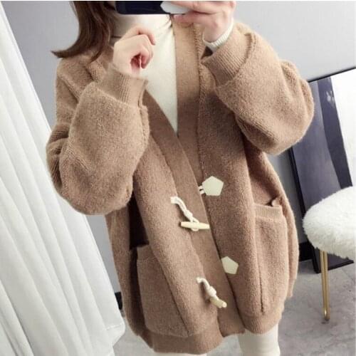 Plus Size Women Winter Autumn Cardigan Oversize Solid Color Caridgan Sweaters Horn Button Girls Loose Chunky Knitted Coat AA5285
