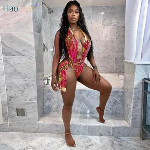 HAOYUAN Leaves Print Bodycon Bodysuit Sexy Bandage Swimsuit Summer Outfits for Women One Piece Club Outfits Beach Wear Rompers