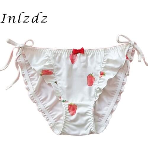 Womens Lingerie Hot Panties Strawberry Printed Sides Lace-up Erotic Sexy Briefs Underpants Ladies Low Waist Pleated Underwear