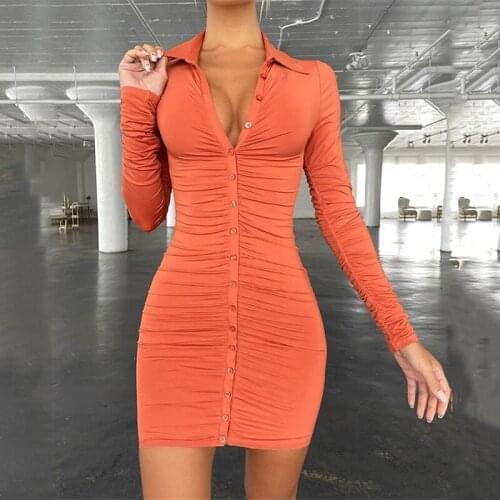 SEASONS New Autumn Casual Women Dresses Vintage Bodycon Single-breasted Summer Dress Simply Ruched Women Clothing 2021 ASDR83406
