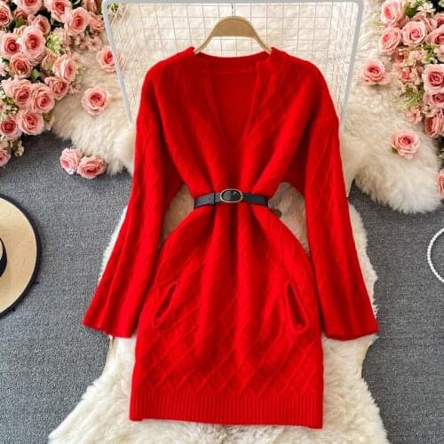 Women Red Sweater Dress 2021 New Autumn Winter Elegant V-neck Long Sleeve Pullover Knit Dress Korean Female Mini Dress with Belt